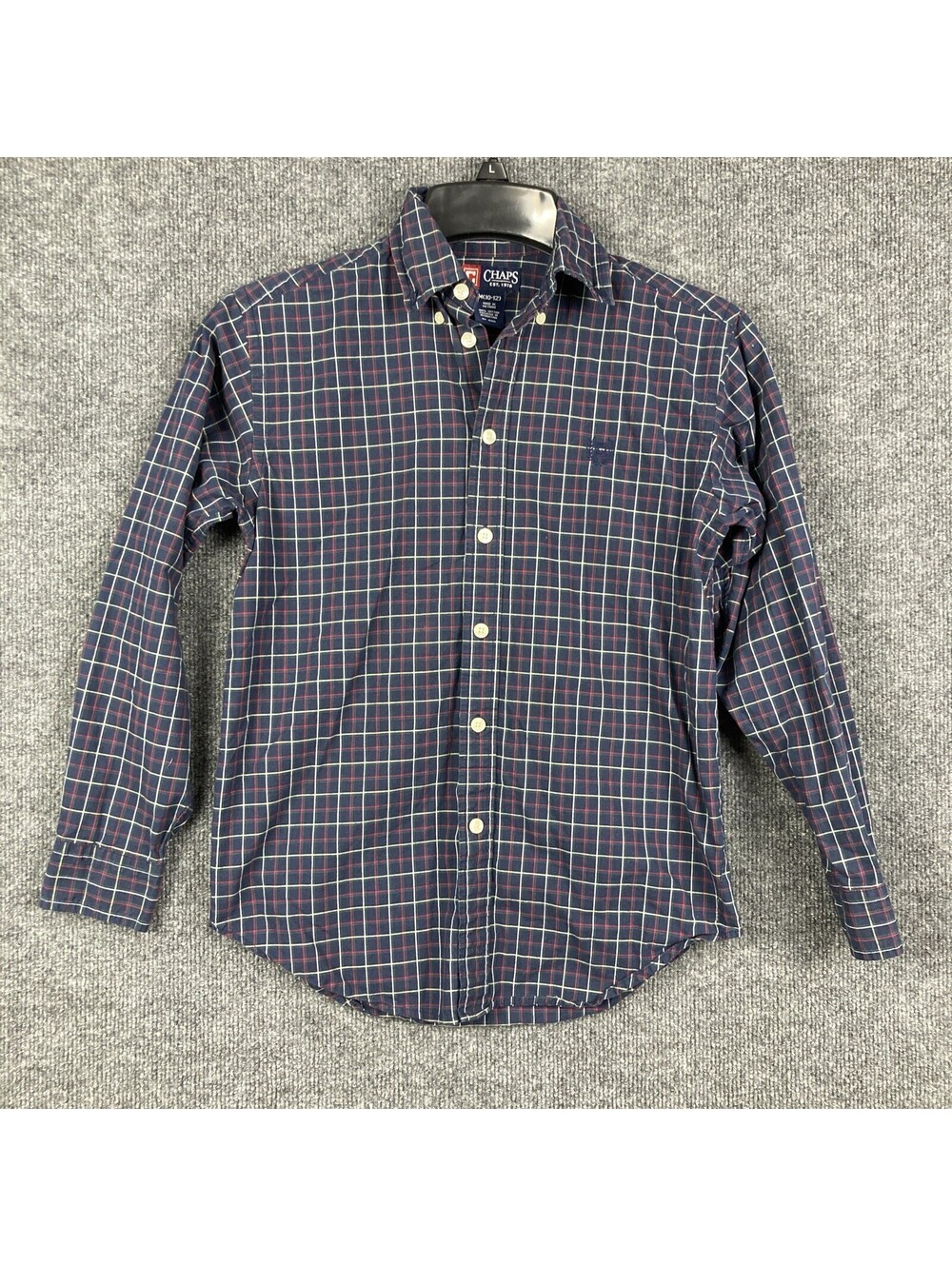 Chaps Boys Size Medium 10/12 Long Sleeve Navy Plaid Button Dress Shirt